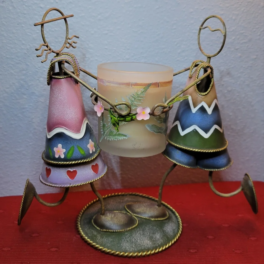 Vtg Candle Holder Metal Art Hand Painted Cone Shaped Man Woman Flowers Hearts